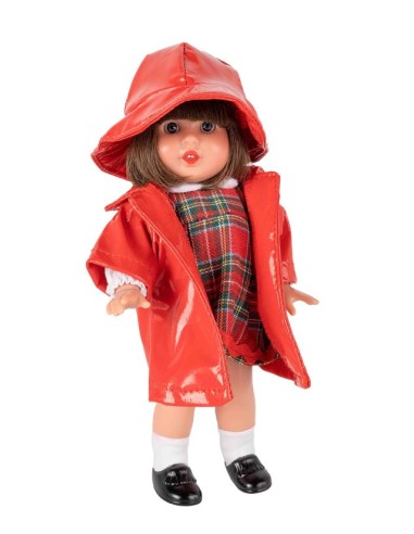 Muñeca mini Mariquita Perez con pichi e impermeable rojo