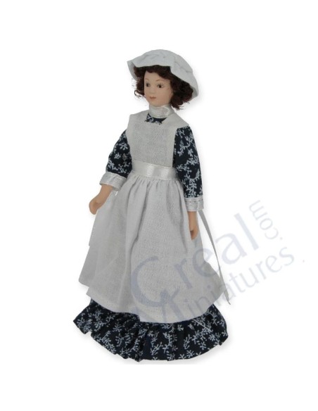 Niñera de porcelana con delantal blanco