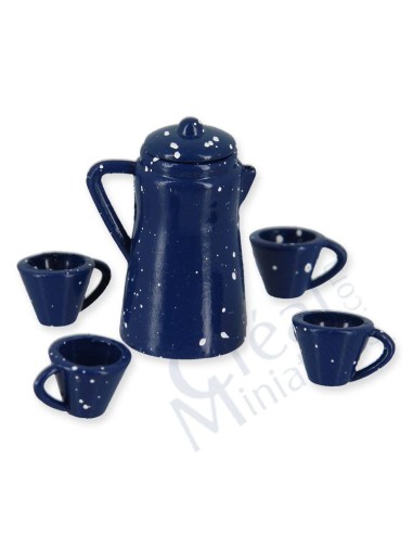 Cafetera y tazas azules