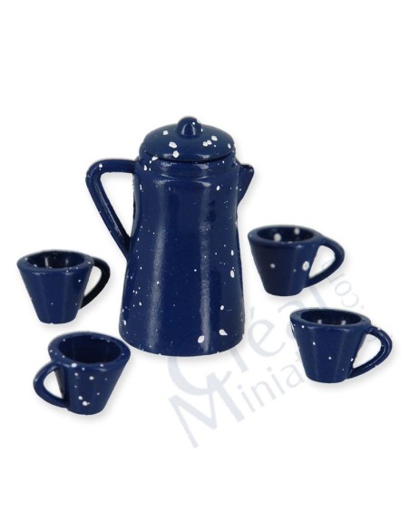Cafetera y tazas azules