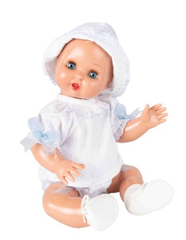 Bebe Juanin, conjunto blanco y topitos celestes