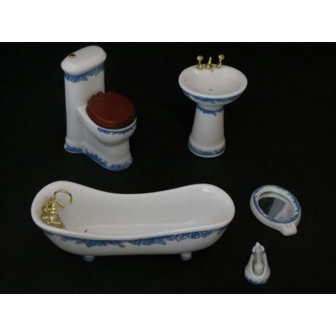 Baño en miniatura de porcelana con motivos azules