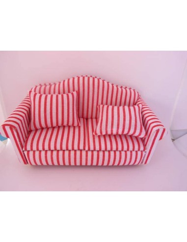 Sofá en miniatura de rayas blancas y rojas